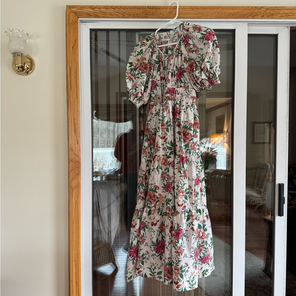 Anthropologie Floral Maxi Dress in Cream with Pink & Green